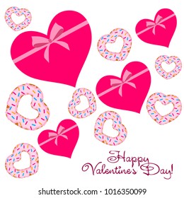 Greeting card day of St. Valentine. Abstract design, donuts in the form of heart, hearts, gifts, vector.