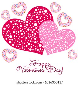 Greeting card day of St. Valentine. Abstract design, donuts in the form of heart, hearts, gifts, vector.