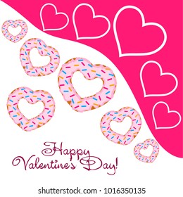 Greeting card day of St. Valentine. Abstract design, donuts in the form of heart, hearts, gifts, vector.