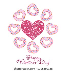Greeting card day of St. Valentine. Abstract design, donuts in the form of heart, hearts, gifts, vector.