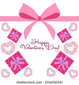 Greeting card day of St. Valentine. Abstract design, donuts in the form of heart, hearts, gifts, vector.