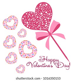 Greeting card day of St. Valentine. Abstract design, donuts in the form of heart, hearts, gifts, vector.