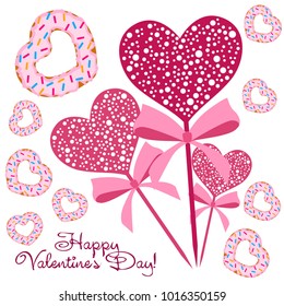 Greeting card day of St. Valentine. Abstract design, donuts in the form of heart, hearts, gifts, vector.