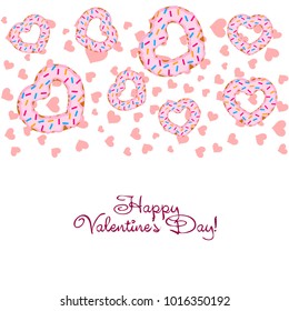 Greeting card day of St. Valentine. Abstract design, donuts in the form of heart, hearts, gifts, vector.