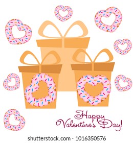 Greeting card day of St. Valentine. Abstract design, donuts in the form of heart, hearts, gifts, vector.