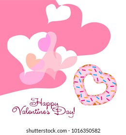 Greeting card day of St. Valentine. Abstract design, donuts in the form of heart, hearts, gifts, vector.