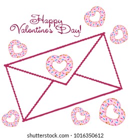 Greeting card day of St. Valentine. Abstract design, donuts in the form of heart, hearts, gifts, vector.