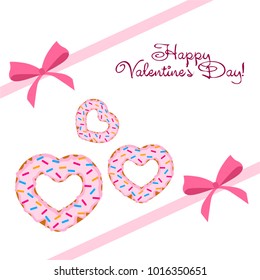 Greeting card day of St. Valentine. Abstract design, donuts in the form of heart, hearts, gifts, vector.