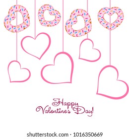 Greeting card day of St. Valentine. Abstract design, donuts in the form of heart, hearts, gifts, vector.