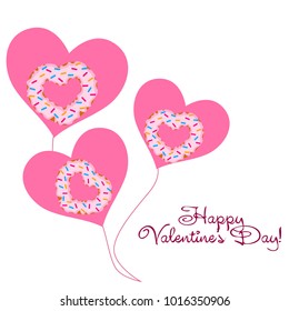 Greeting card day of St. Valentine. Abstract design, donuts in the form of heart, hearts, gifts, vector.