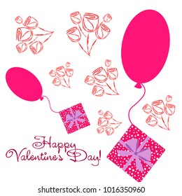 Greeting card day of St. Valentine. Abstract design, roses, flowers, hearts, gifts, vector. Greeting card day of St. Valentine. Abstract design, roses, flowers, hearts, gifts, vector.