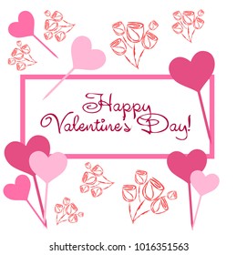 Greeting card day of St. Valentine. Abstract design, roses, flowers, hearts, gifts, vector.