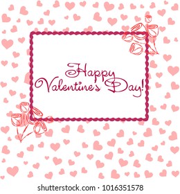 Greeting card day of St. Valentine. Abstract design, roses, flowers, hearts, gifts, vector.