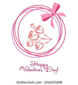 Greeting card day of St. Valentine. Abstract design, roses, flowers, hearts, gifts, vector.