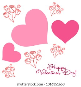 Greeting card day of St. Valentine. Abstract design, roses, flowers, hearts, gifts, vector.