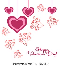 Greeting card day of St. Valentine. Abstract design, roses, flowers, hearts, gifts, vector.