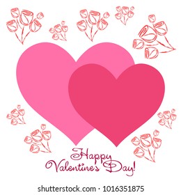 Greeting card day of St. Valentine. Abstract design, roses, flowers, hearts, gifts, vector.