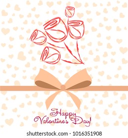 Greeting card day of St. Valentine. Abstract design, roses, flowers, hearts, gifts, vector.