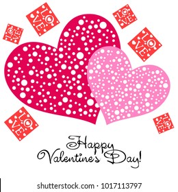Greeting card day of St. Valentine. Abstract design, greeting card with the inscription love, hearts, gifts, vector.