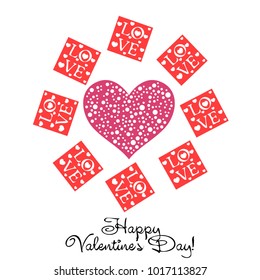 Greeting card day of St. Valentine. Abstract design, greeting card with the inscription love, hearts, gifts, vector.