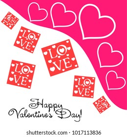 Greeting card day of St. Valentine. Abstract design, greeting card with the inscription love, hearts, gifts, vector.