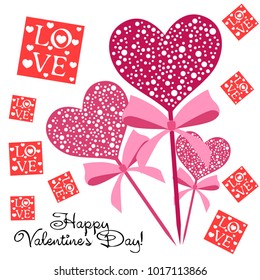 Greeting card day of St. Valentine. Abstract design, greeting card with the inscription love, hearts, gifts, vector.