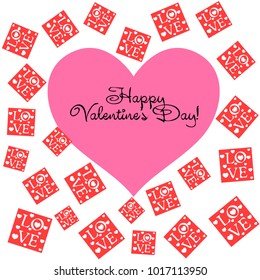 Greeting card day of St. Valentine. Abstract design, greeting card with the inscription love, hearts, gifts, vector.
