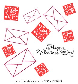 Greeting card day of St. Valentine. Abstract design, greeting card with the inscription love, hearts, gifts, vector.