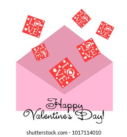 Greeting card day of St. Valentine. Abstract design, greeting card with the inscription love, hearts, gifts, vector.