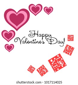 Greeting card day of St. Valentine. Abstract design, greeting card with the inscription love, hearts, gifts, vector.