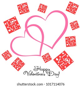 Greeting card day of St. Valentine. Abstract design, greeting card with the inscription love, hearts, gifts, vector.
