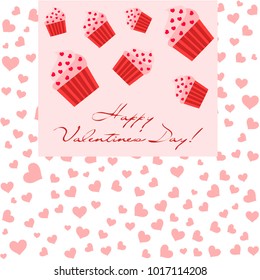 Greeting card day of St. Valentine. Abstract design, capcake, hearts, gifts, vector.