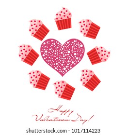 Greeting card day of St. Valentine. Abstract design, capcake, hearts, gifts, vector.