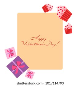 Greeting card day of St. Valentine. Abstract design, capcake, hearts, gifts, vector.