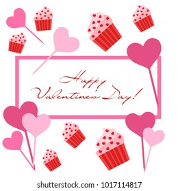 Greeting card day of St. Valentine. Abstract design, capcake, hearts, gifts, vector.