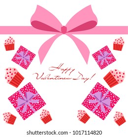 Greeting card day of St. Valentine. Abstract design, capcake, hearts, gifts, vector.