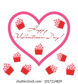 Greeting card day of St. Valentine. Abstract design, capcake, hearts, gifts, vector.