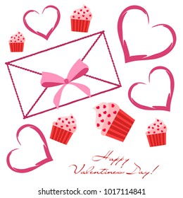 Greeting card day of St. Valentine. Abstract design, capcake, hearts, gifts, vector.