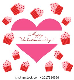 Greeting card day of St. Valentine. Abstract design, capcake, hearts, gifts, vector.