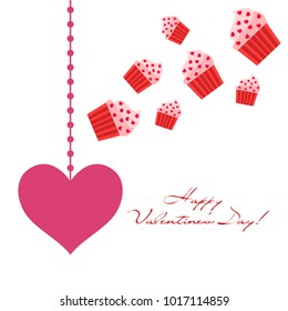 Greeting card day of St. Valentine. Abstract design, capcake, hearts, gifts, vector.