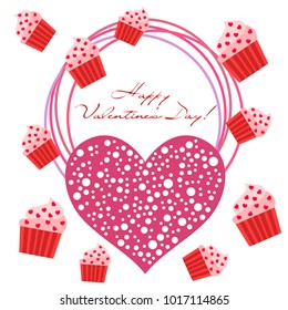 Greeting card day of St. Valentine. Abstract design, capcake, hearts, gifts, vector.