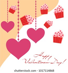 Greeting card day of St. Valentine. Abstract design, capcake, hearts, gifts, vector.