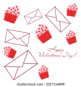Greeting card day of St. Valentine. Abstract design, capcake, hearts, gifts, vector.