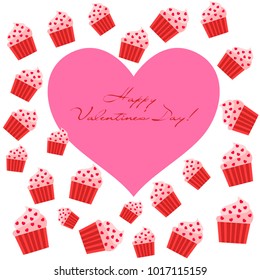 Greeting card day of St. Valentine. Abstract design, capcake, hearts, gifts, vector.