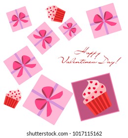 Greeting card day of St. Valentine. Abstract design, capcake, hearts, gifts, vector.