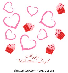 Greeting card day of St. Valentine. Abstract design, capcake, hearts, gifts, vector.