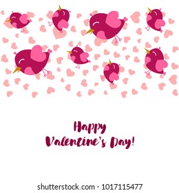 Greeting card day of St. Valentine. Abstract design, pink birds, hearts, gifts, vector.