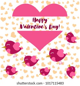 Greeting card day of St. Valentine. Abstract design, pink birds, hearts, gifts, vector.