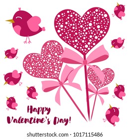 Greeting card day of St. Valentine. Abstract design, pink birds, hearts, gifts, vector.