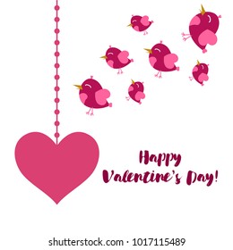 Greeting card day of St. Valentine. Abstract design, pink birds, hearts, gifts, vector.